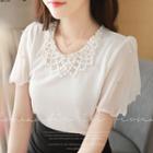 Beaded-neckline Short-sleeve Chiffon Top