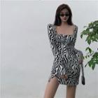Long-sleeve Zebra Print Mini Sheath Dress Zebra - Black & White - One Size