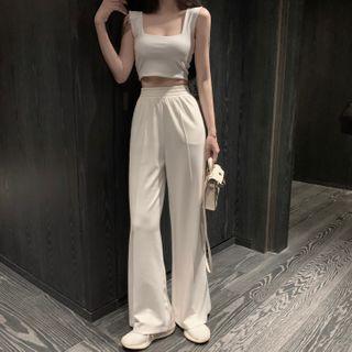 Square-neck Cropped Tank Top / Band-waist Wide-leg Pants