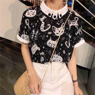 Printed Cat Short-sleeved Chiffon Shirt