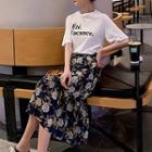 Set: Lettering Short-sleeve T-shirt + Flower Print Midi A-line Skirt