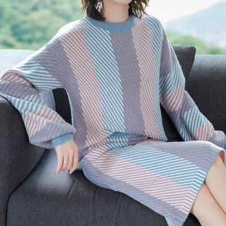 Set: Woollen Striped Sweater + Knit Skirt