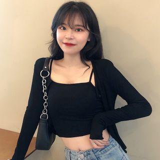 Set: Cropped Camisole Top + Long-sleeve Light Cardigan