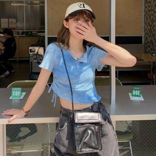 Tie-dye Print Drawstring Cropped T-shirt Blue - One Size