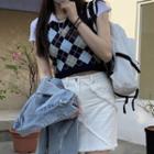 Argyle Sweater Vest / Short-sleeve T-shirt / Denim Skirt