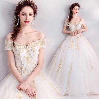 Embroidered Off-shoulder Mesh Ball Evening Gown