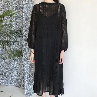 3/4-sleeve Perforated Midi Dress / Spaghetti Strap Pleated Hem Midi Dress