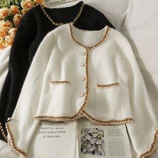 Glitter-trim Pearl-button Cropped Cardigan