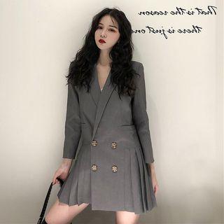 Double-breasted Long-sleeve Pleated Dress
