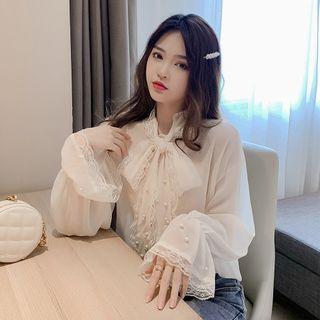 Lace Trim Bow Accent Blouse Beige - One Size