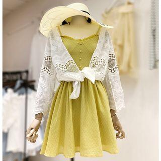 Set: Spaghetti-strap A-line Sundress + Crochet Lace Light Jacket