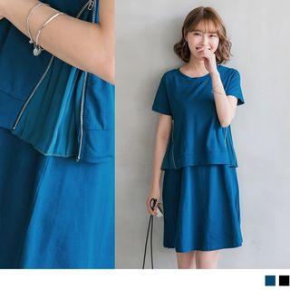 Short Sleeve Side-zipper Panel Dress