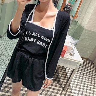 Set: Contrast-piping Cardigan + Lettering Tank Top + Shorts