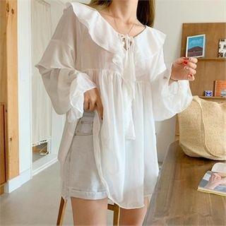 Beribboned Ruffle-trim Sheer Long Blouse