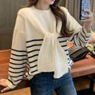 Set Of 2 : Long-sleeve Striped Knit Sweater + Navy-collar Shawl