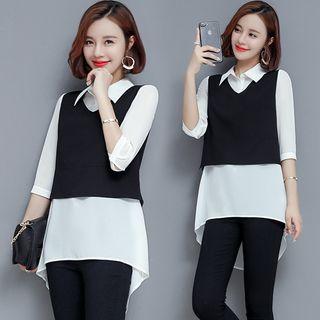 Mock Two-piece 3/4-sleeve Chiffon Top