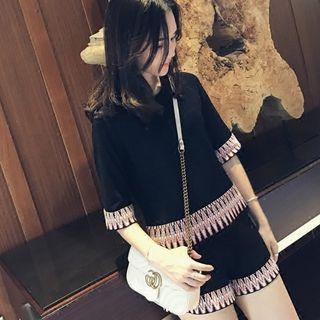 Set: Embroidered Elbow Sleeve Top + A-line Shorts