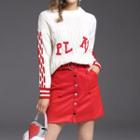 Long-sleeve Lettering Sweater / Set: Long-sleeve Lettering Sweater + Faux Leather Buttoned Mini Skirt