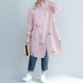 Long-sleeve Pinstriped Embroidered Midi Shirtdress