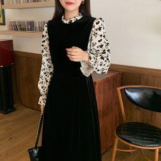 Puff-sleeve Floral Print Panel Midi A-line Dress Black - One Size
