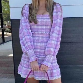 Square Collar Checked Ruffled Mini A-line Dress