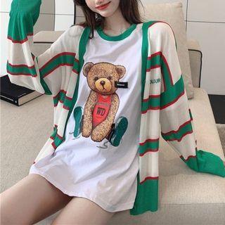 Elbow-sleeve Bear Print T-shirt / Cardigan / Set