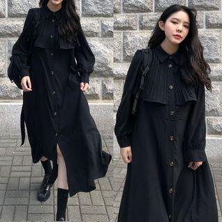 Long-sleeve Pleated Shirt Dress Black - One Size