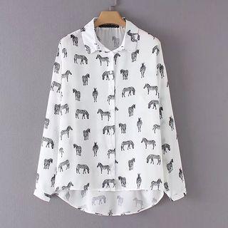 Long-sleeved Floral Print Open-front Loose-fit Blouse