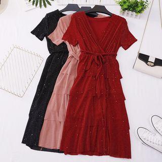 Short-sleeve Glitter A-line Midi Tiered Dress