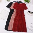 Short-sleeve Glitter A-line Midi Tiered Dress