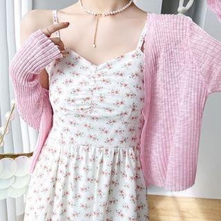 Spaghetti Strap Floral Print Dress / Ribbed Cardigan