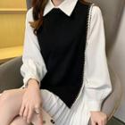 Set: Puff-sleeve Shirtdress + Sweater Vest
