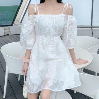 Off-shoulder Puff-sleeve A-line Dress White - One Size
