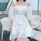 Off-shoulder Puff-sleeve A-line Dress White - One Size
