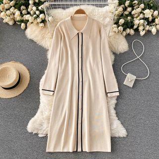 Lapel Contrast Trim Long-sleeve Dress