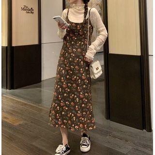 Long-sleeve Ruched Top / Floral Printed Strappy Dress