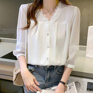 Elbow-sleeve V-neck Lace Panel Chiffon Blouse