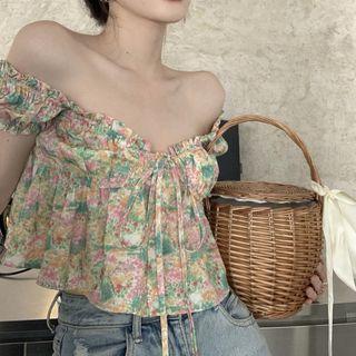 Short-sleeve Off-shoulder Floral Flowy Cropped Blouse Yellow & Green - One Size
