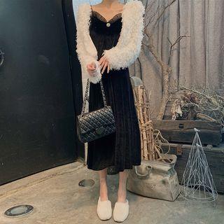 Fringed Open Front Jacket / Spaghetti Strap A-line Dress
