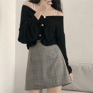 Puff-sleeve Buttoned Top + Plaid Mini Skirt