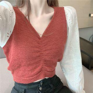 Eyelet Lace Sleeve V-neck Knit Top
