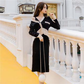 Set: Color Block Cardigan + Midi Slit Knit Skirt