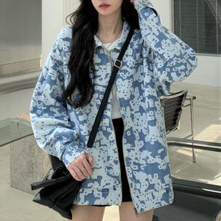 Print Zip-up Denim Jacket Blue - One Size