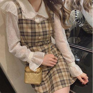 Set: Bell Sleeve Frill Trim Lace Shirt + Plaid Mini Overall Dress