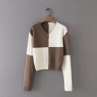 Long-sleeve V-neck Two-tone Plaid Knit Top Brown & White - One Size