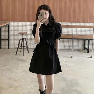 Puff-sleeve Drawstring Shirred Dress
