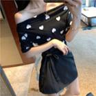 Off-shoulder Heart Printed Knit Top / Asymmetric Drawstring Skirt