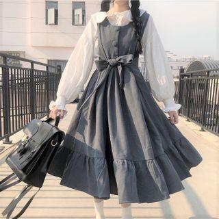 Peter Pan Collar Blouse / A-line Midi Overall Dress