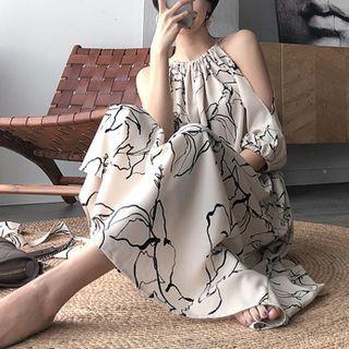 Elbow-sleeve Cold-shoulder Floral Midi A-line Dress