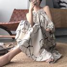 Elbow-sleeve Cold-shoulder Floral Midi A-line Dress